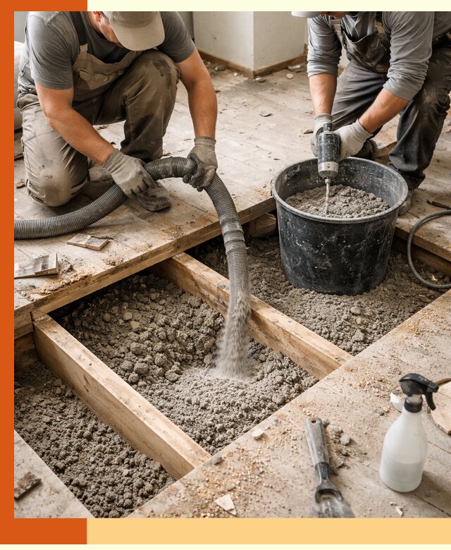 Заполнение пустот пола в Усть-Илимске полиуретаном и пенополистиролом