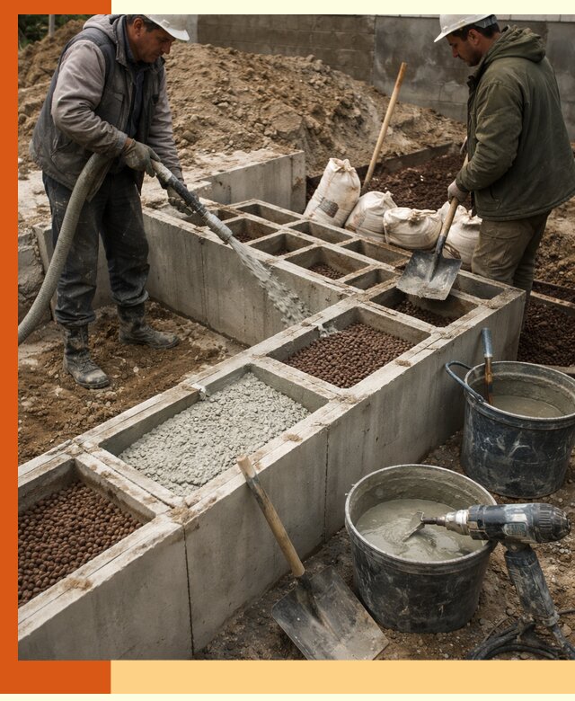 Заполнение полостей фундамента в Усть-Илимске герметичным утеплением и повышением прочности